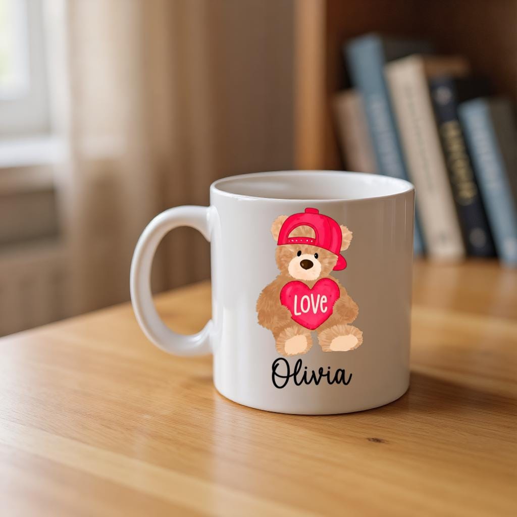 Personalized Teddy Bear Mug, Cute Red Hat Bear with Love Heart Name Cup, Gift for Kids or Her