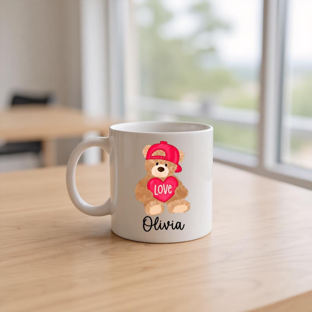 Personalized Teddy Bear Mug, Cute Red Hat Bear with Love Heart Name Cup, Gift for Kids or Her
