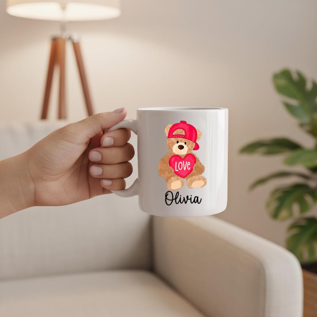 Personalized Teddy Bear Mug, Cute Red Hat Bear with Love Heart Name Cup, Gift for Kids or Her