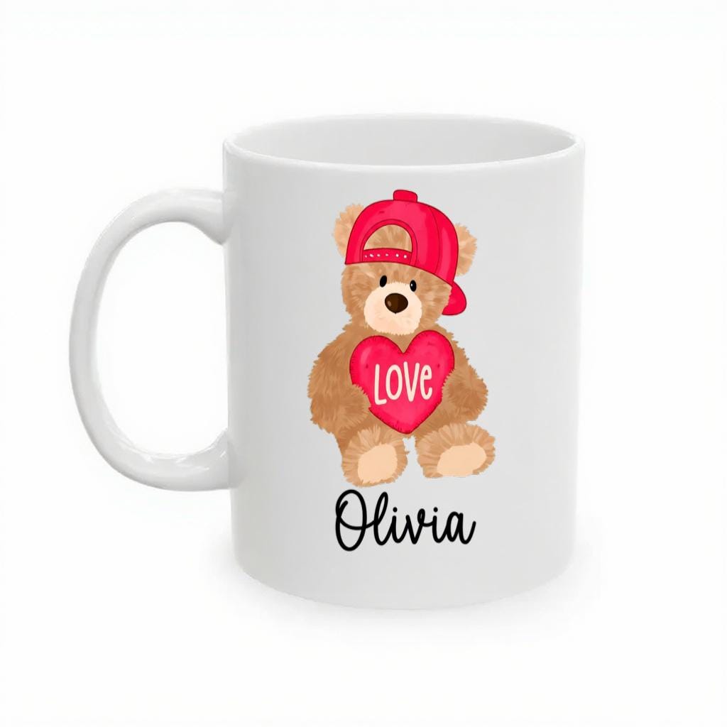 Personalized Teddy Bear Mug, Cute Red Hat Bear with Love Heart Name Cup, Gift for Kids or Her