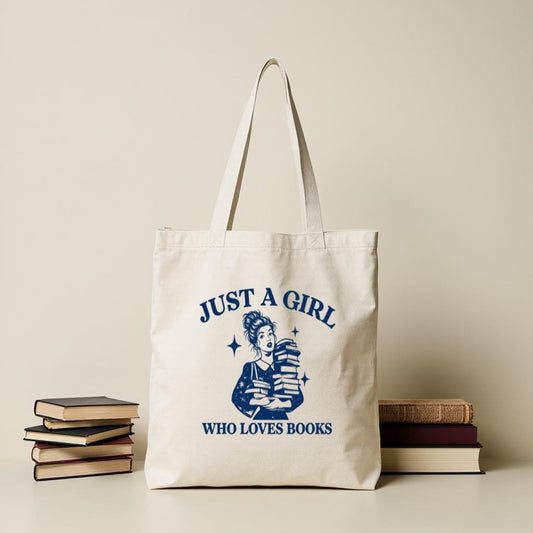 Book Lover Tote Bag, "Just a Girl Who Loves Books" Canvas Style Shopping Bag, Reader Gift for Bookworms