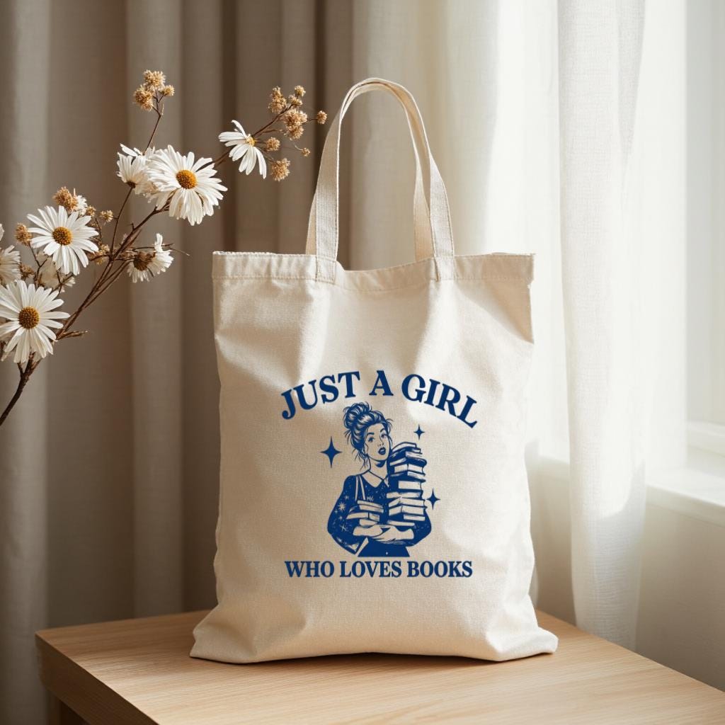 Book Lover Tote Bag, "Just a Girl Who Loves Books" Canvas Style Shopping Bag, Reader Gift for Bookworms