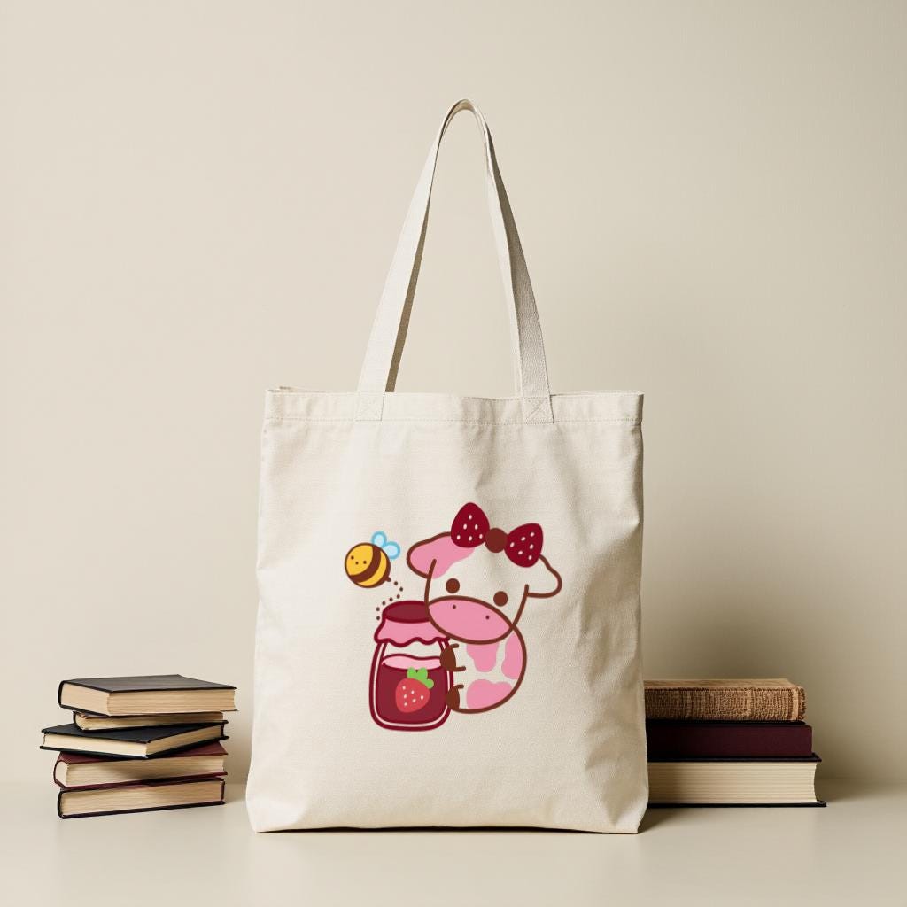Cute Cartoon Cow Tote Bag, Strawberry Milk Kawaii Graphic Reusable Canvas Style Shopper, Gift for Cow Lovers
