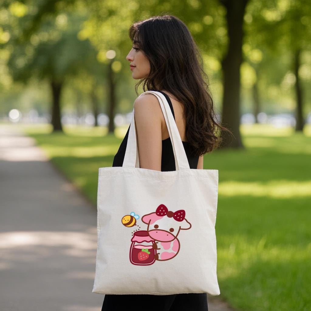 Cute Cartoon Cow Tote Bag, Strawberry Milk Kawaii Graphic Reusable Canvas Style Shopper, Gift for Cow Lovers