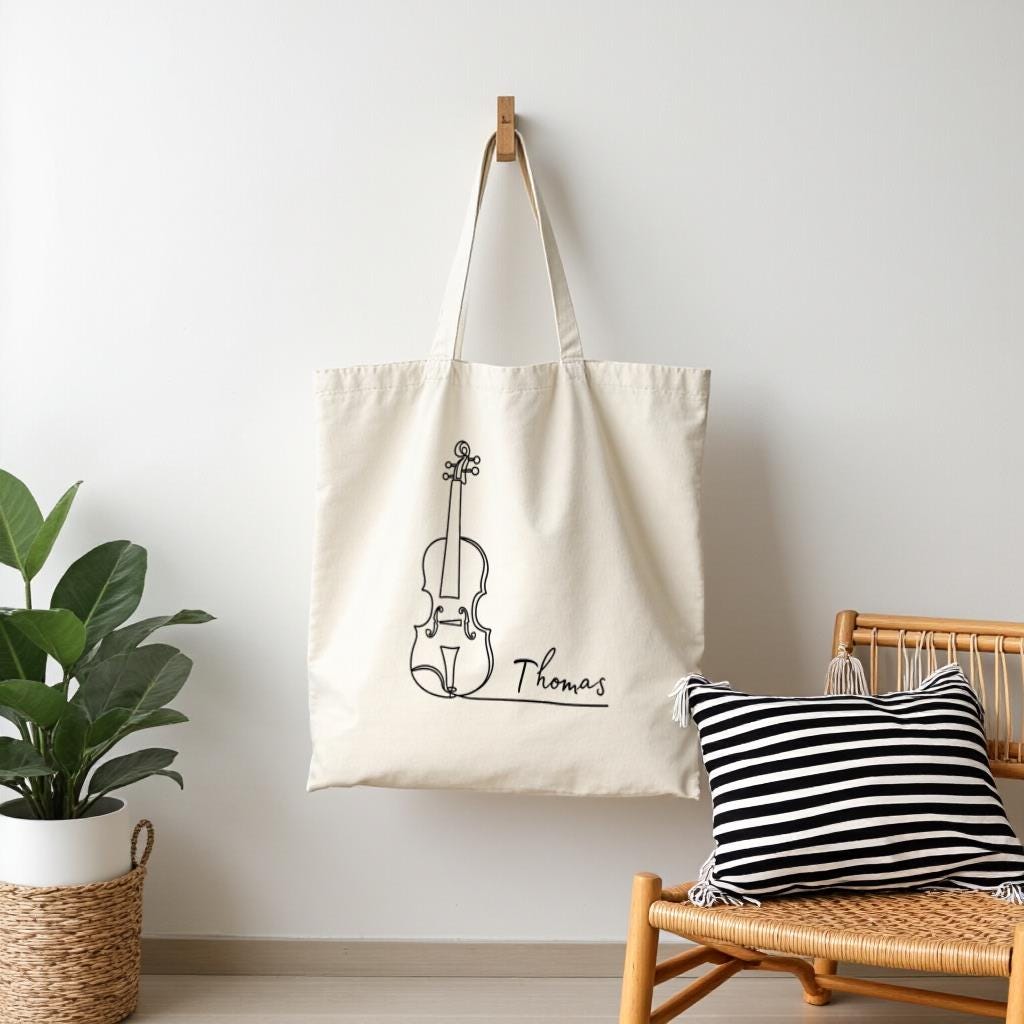 Minimalist Violin Tote Bag, Personalized Name Line Art Shoulder Bag for Musicians, Gift for Music Lovers