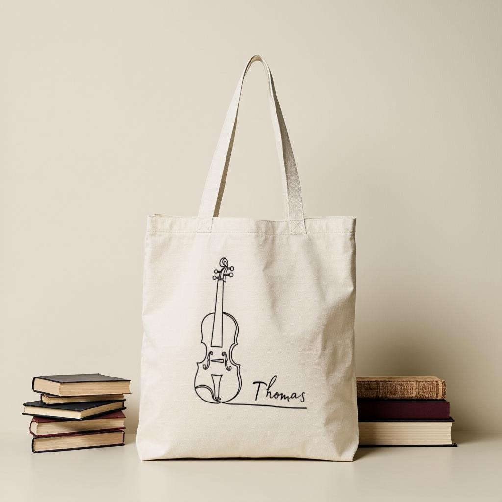 Minimalist Violin Tote Bag, Personalized Name Line Art Shoulder Bag for Musicians, Gift for Music Lovers