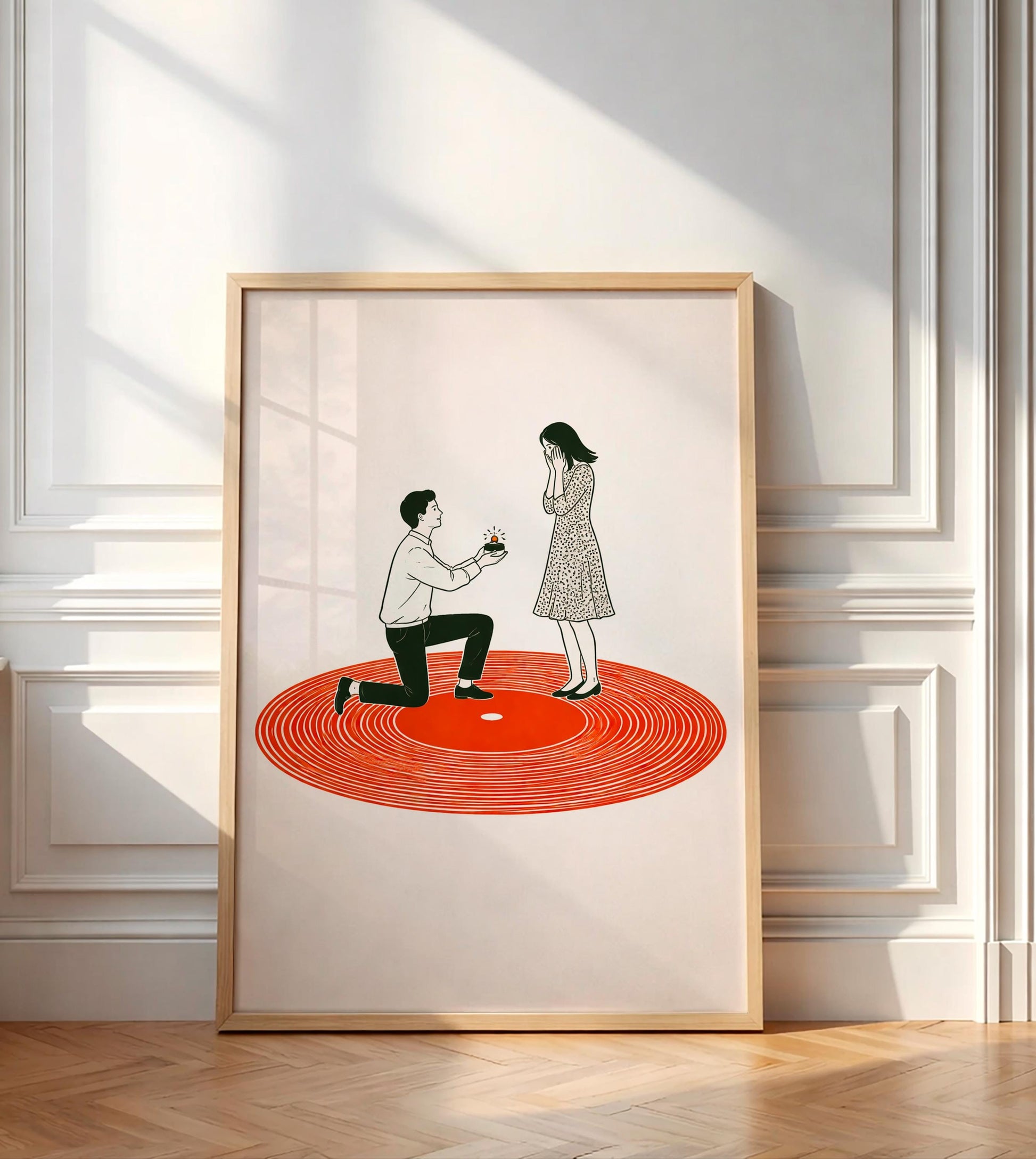 Retro Vinyl Proposal Art Print, Romantic Music Lover Poster, Minimalist Record Marriage Wall Decor, Anniversary Engagement Gift for Couple