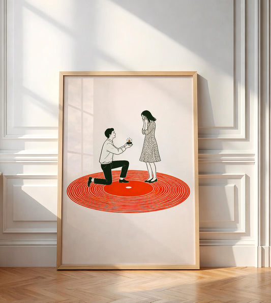 Retro Vinyl Proposal Art Print, Romantic Music Lover Poster, Minimalist Record Marriage Wall Decor, Anniversary Engagement Gift for Couple