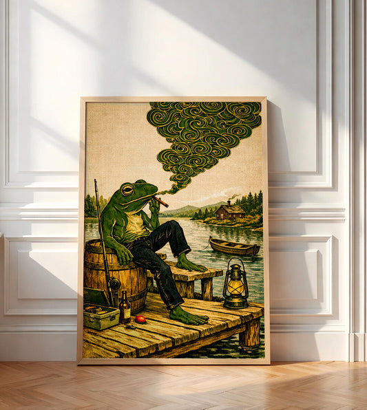 Vintage Frog Fishing Poster, Smoking Frog Art Print, Cottagecore Wall Decor, Retro Froggy Lake House Gift, Whimsical Animal Illustration