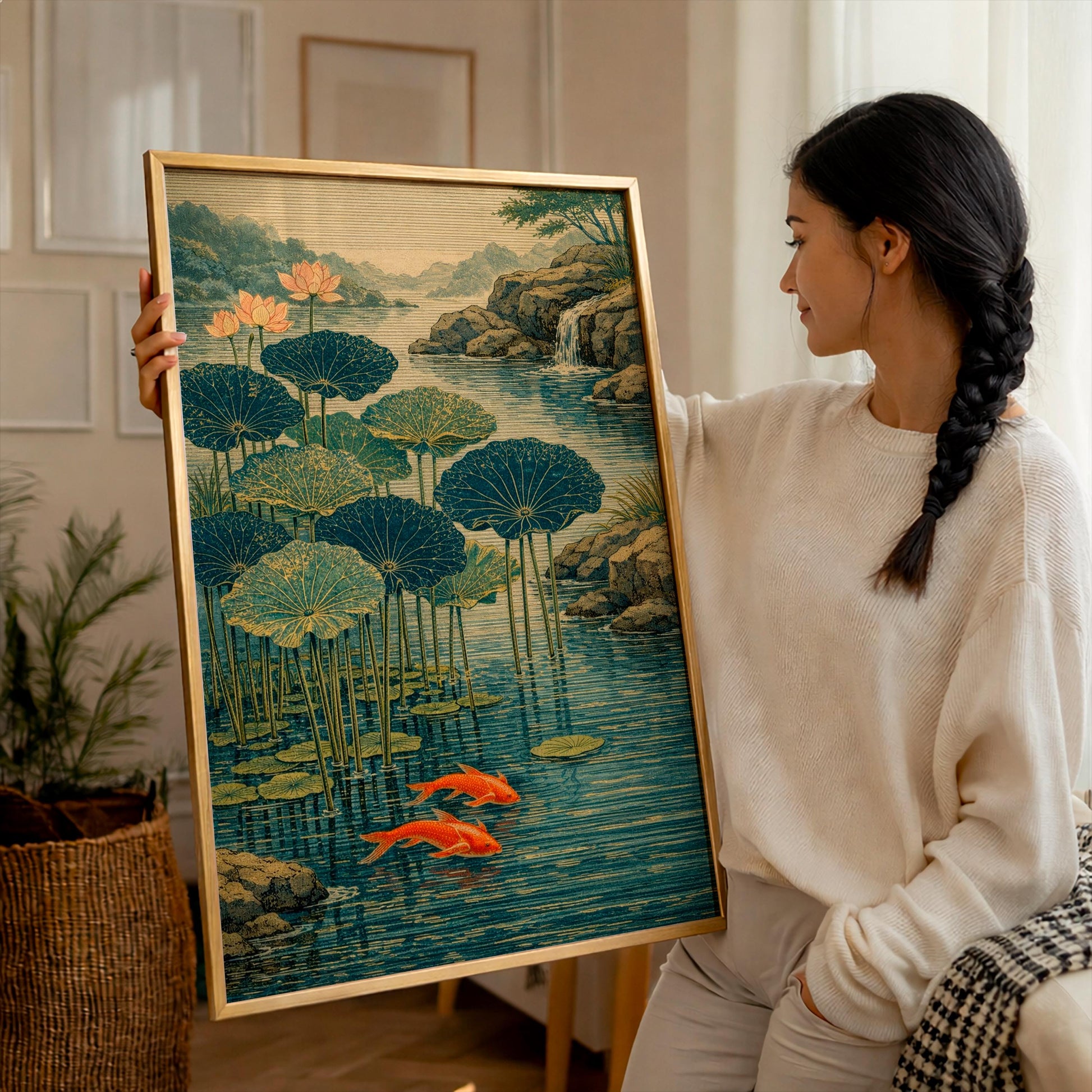 Japanese Koi Pond Art, Lotus Flower Poster, Zen Garden Wall Decor, Japandi Style Print, Wabi Sabi Artwork, Asian Nature Gift, Shin Hanga Art