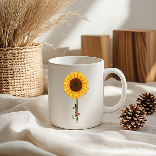 Sunflower Mug with Name, Personalized Floral Coffee Cup for Her, Cute Minimal Design, Birthday Gift for Women