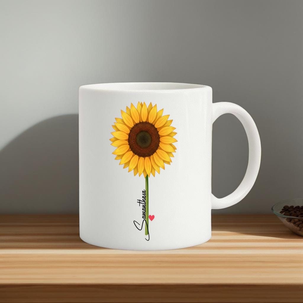 Sunflower Mug with Name, Personalized Floral Coffee Cup for Her, Cute Minimal Design, Birthday Gift for Women