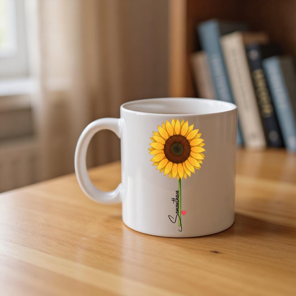 Sunflower Mug with Name, Personalized Floral Coffee Cup for Her, Cute Minimal Design, Birthday Gift for Women
