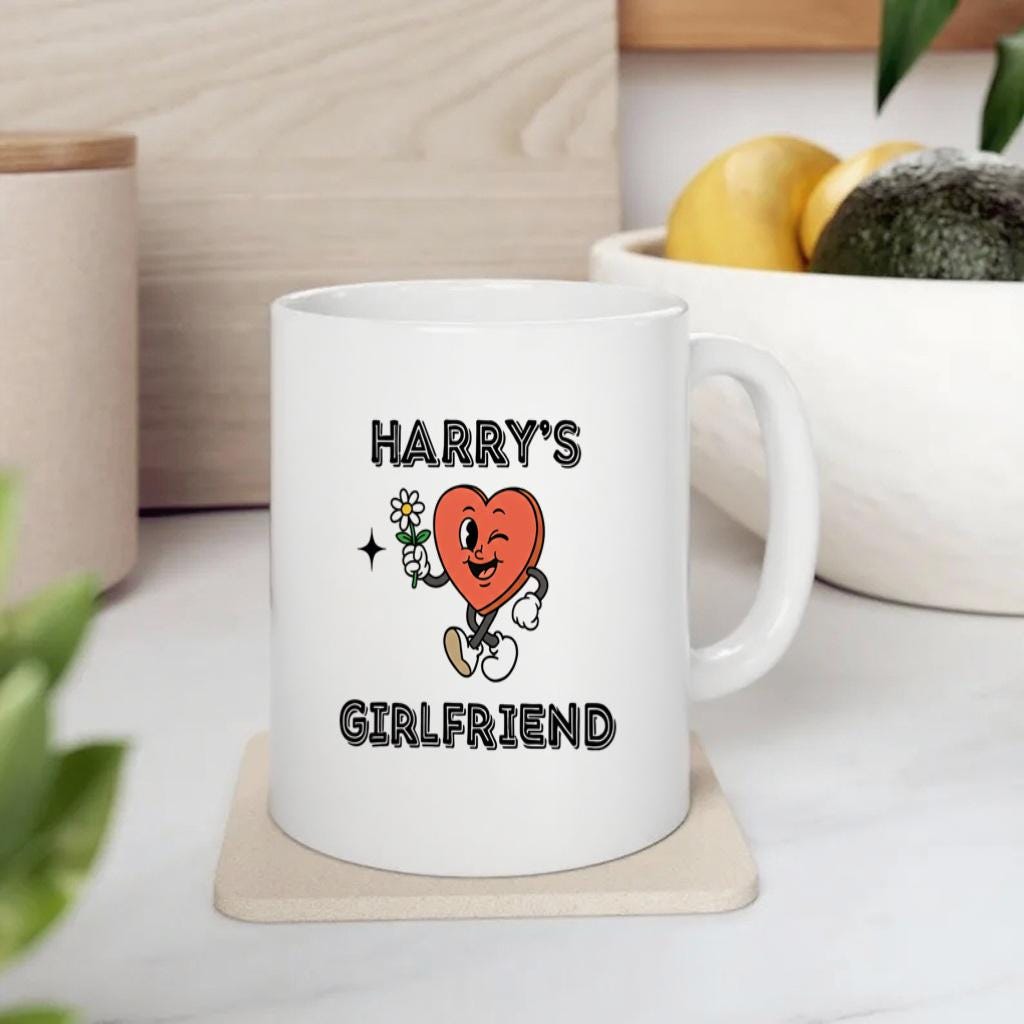 Funny Heart Character Mug, "Harry's Girlfriend" Text Cup, Cute Love Joke Gift for Girlfriend, Daily Coffee Use