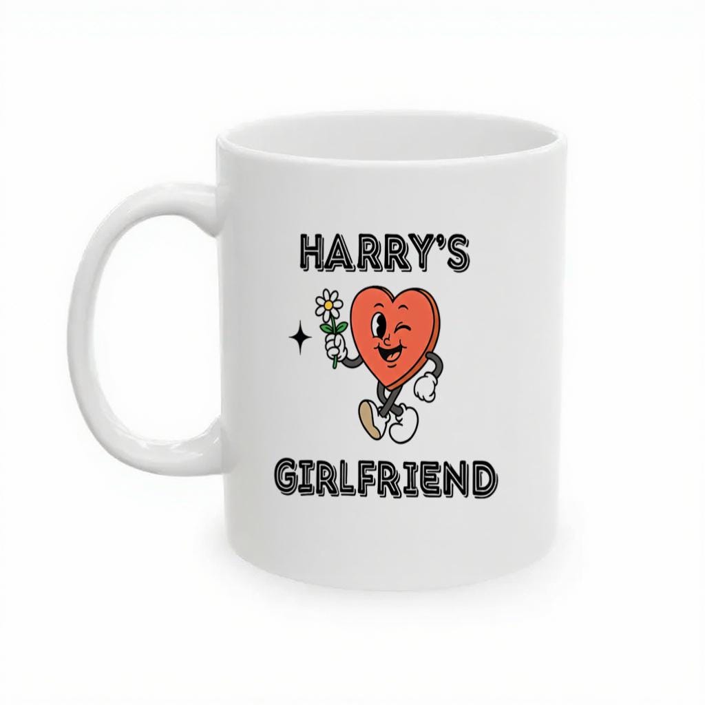 Funny Heart Character Mug, "Harry's Girlfriend" Text Cup, Cute Love Joke Gift for Girlfriend, Daily Coffee Use