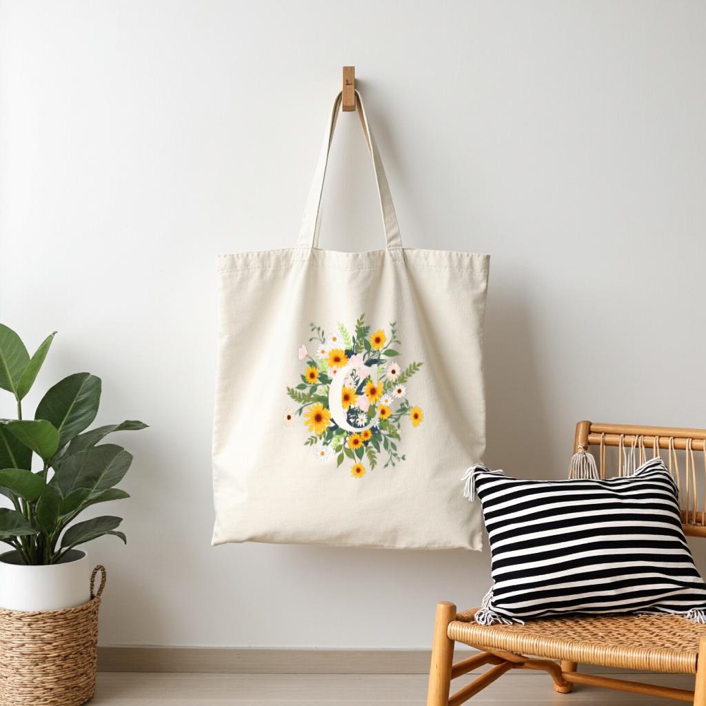 Floral Canvas Tote Bag, Wildflower Bouquet Printed Shopper Bag for Women, Reusable Market Tote for Everyday Use