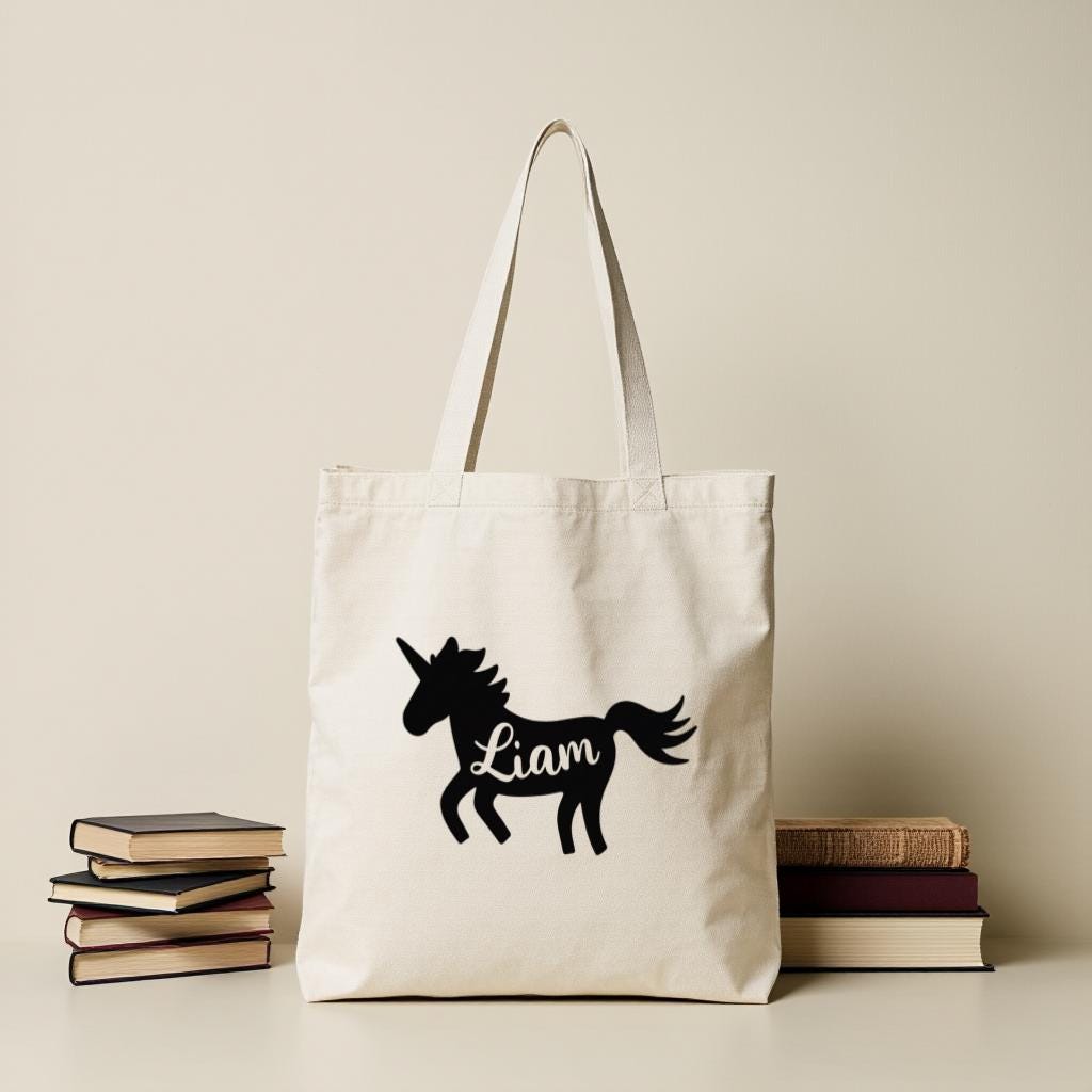 Personalized Unicorn Tote Bag, Custom Name Canvas Style Shoulder Bag for Women, Cute Everyday Use Shopping Bag