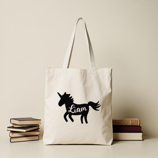 Personalized Unicorn Tote Bag, Custom Name Canvas Style Shoulder Bag for Women, Cute Everyday Use Shopping Bag