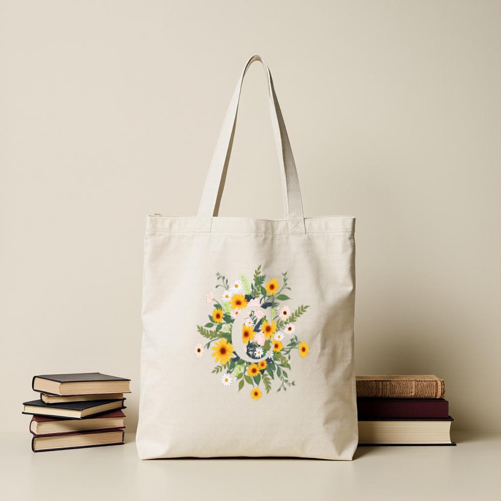 Floral Canvas Tote Bag, Wildflower Bouquet Printed Shopper Bag for Women, Reusable Market Tote for Everyday Use