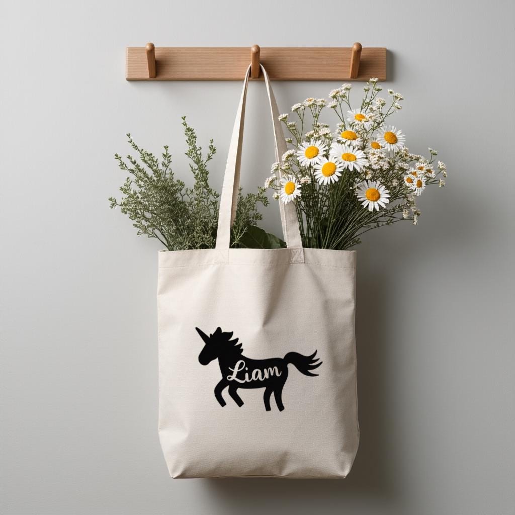 Personalized Unicorn Tote Bag, Custom Name Canvas Style Shoulder Bag for Women, Cute Everyday Use Shopping Bag