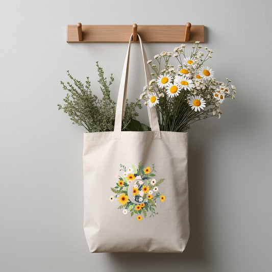 Floral Canvas Tote Bag, Wildflower Bouquet Printed Shopper Bag for Women, Reusable Market Tote for Everyday Use