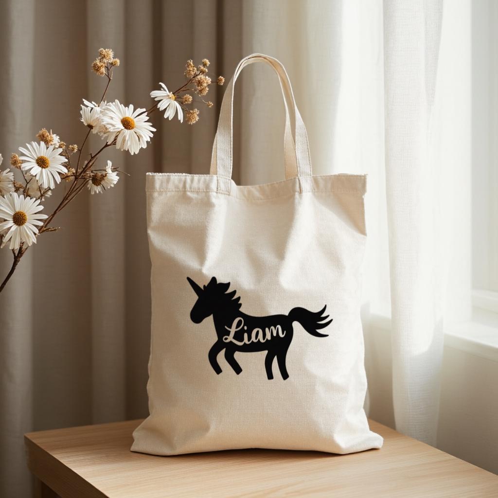 Personalized Unicorn Tote Bag, Custom Name Canvas Style Shoulder Bag for Women, Cute Everyday Use Shopping Bag
