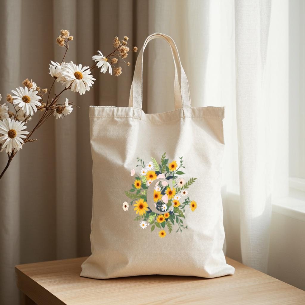 Floral Canvas Tote Bag, Wildflower Bouquet Printed Shopper Bag for Women, Reusable Market Tote for Everyday Use