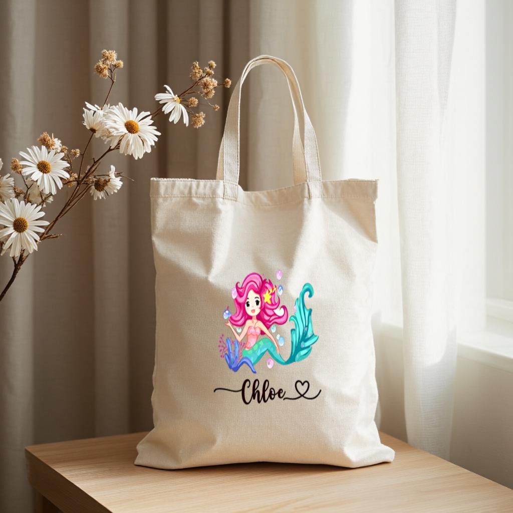Personalized Mermaid Tote Bag, Custom Name Canvas Shopper, Cute Ocean Design | Gift for Girls, Beach Trip Bag