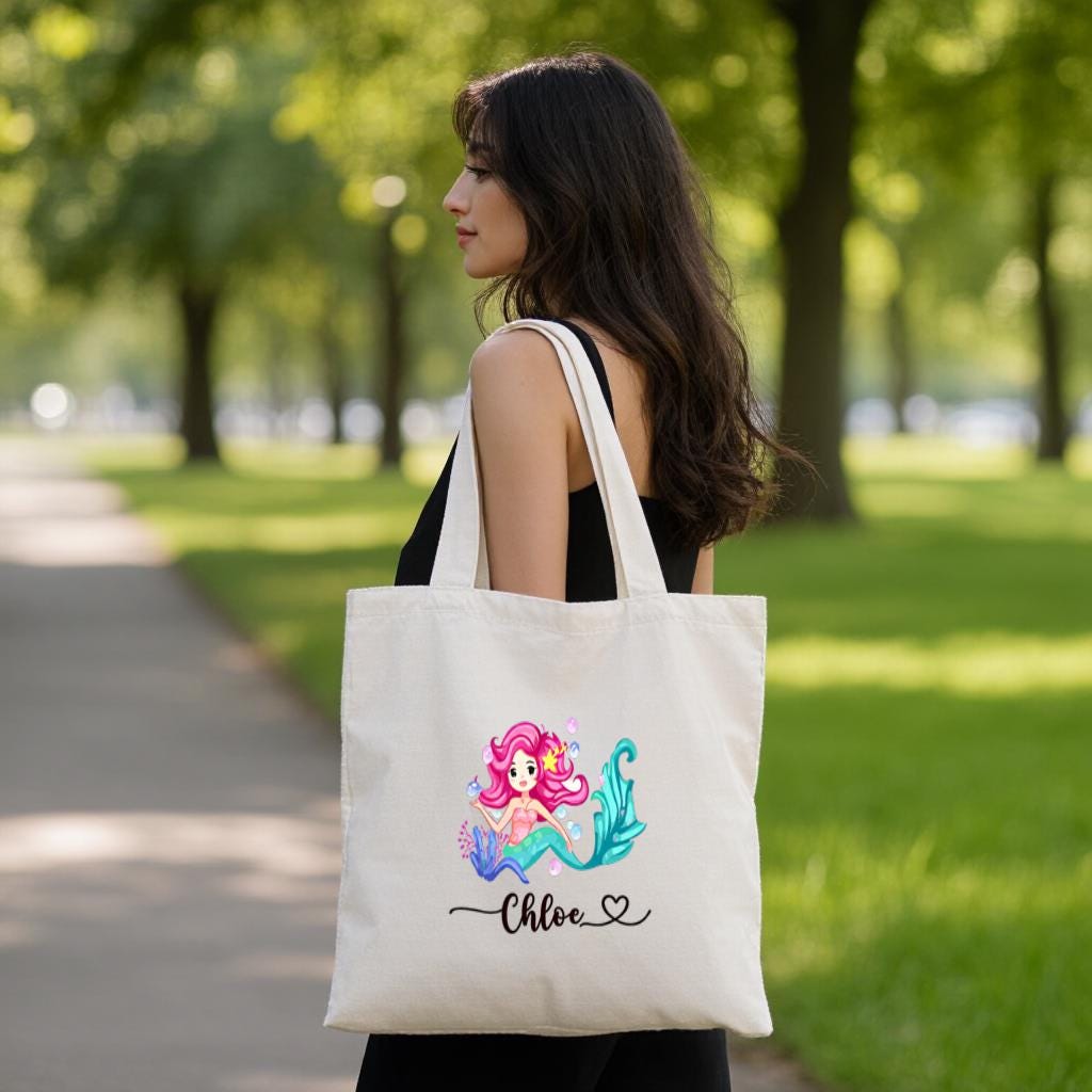 Personalized Mermaid Tote Bag, Custom Name Canvas Shopper, Cute Ocean Design | Gift for Girls, Beach Trip Bag