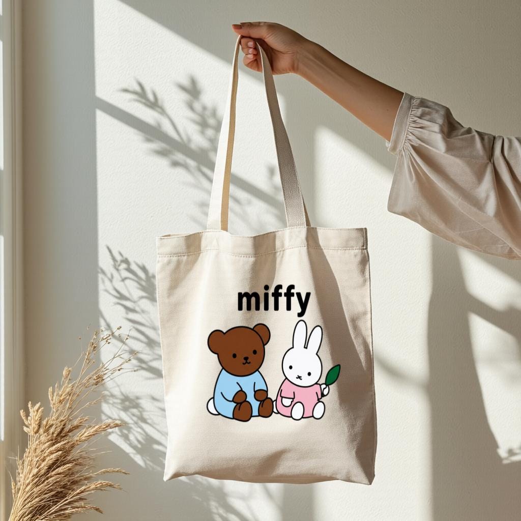 Cute Bunny & Bear Canvas Tote Bag, Minimal Cartoon Shopper for Women, Everyday Use Reusable Shoulder Bag
