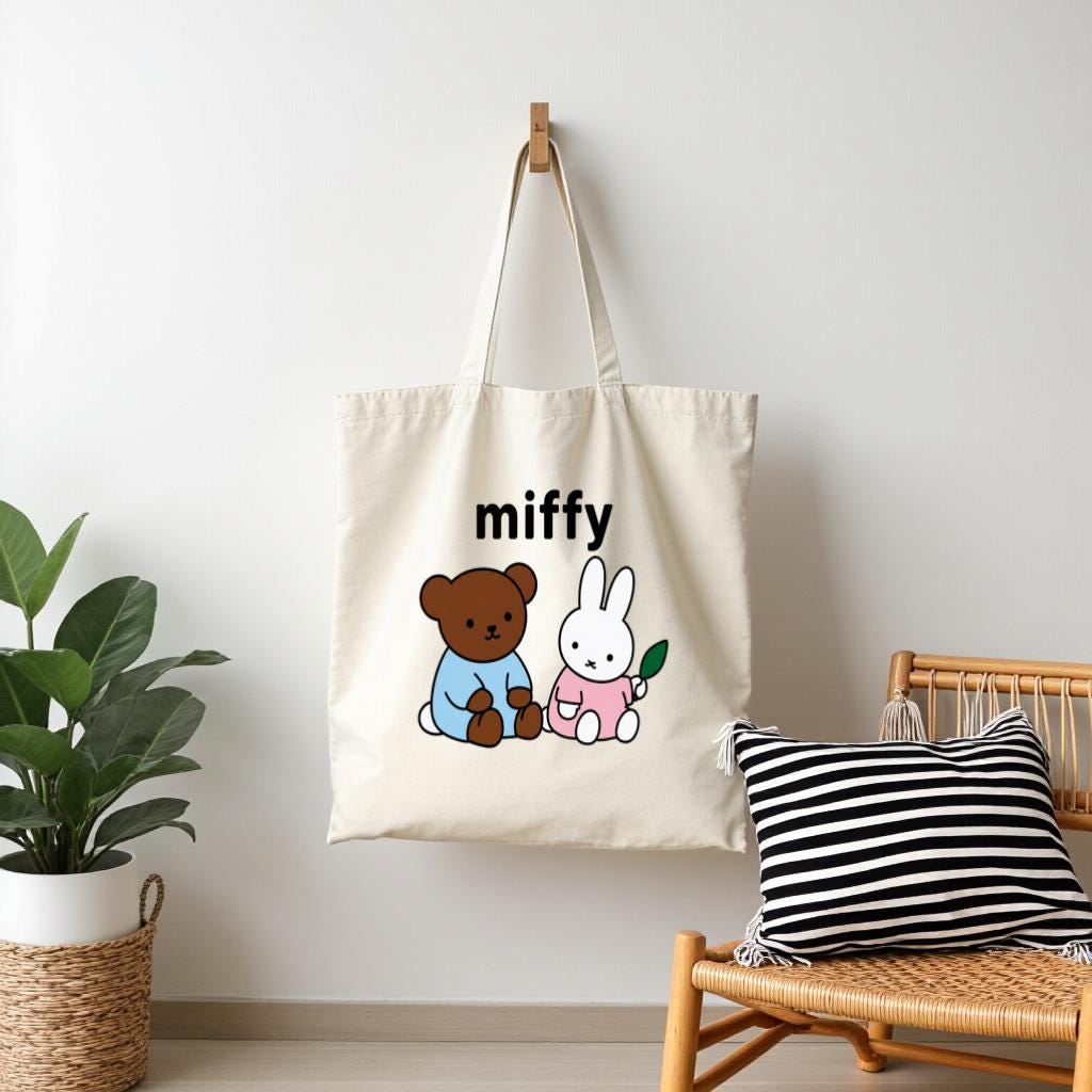 Cute Bunny & Bear Canvas Tote Bag, Minimal Cartoon Shopper for Women, Everyday Use Reusable Shoulder Bag