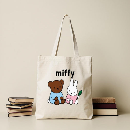 Cute Bunny & Bear Canvas Tote Bag, Minimal Cartoon Shopper for Women, Everyday Use Reusable Shoulder Bag