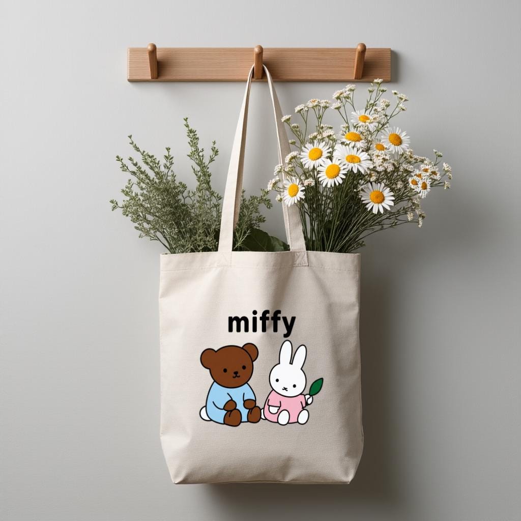 Cute Bunny & Bear Canvas Tote Bag, Minimal Cartoon Shopper for Women, Everyday Use Reusable Shoulder Bag