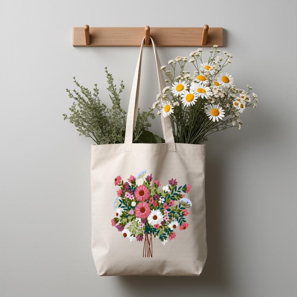 Floral Bouquet Tote Bag, Colorful Wildflower Canvas Style Shoulder Bag for Women, Gift for Flower Lovers