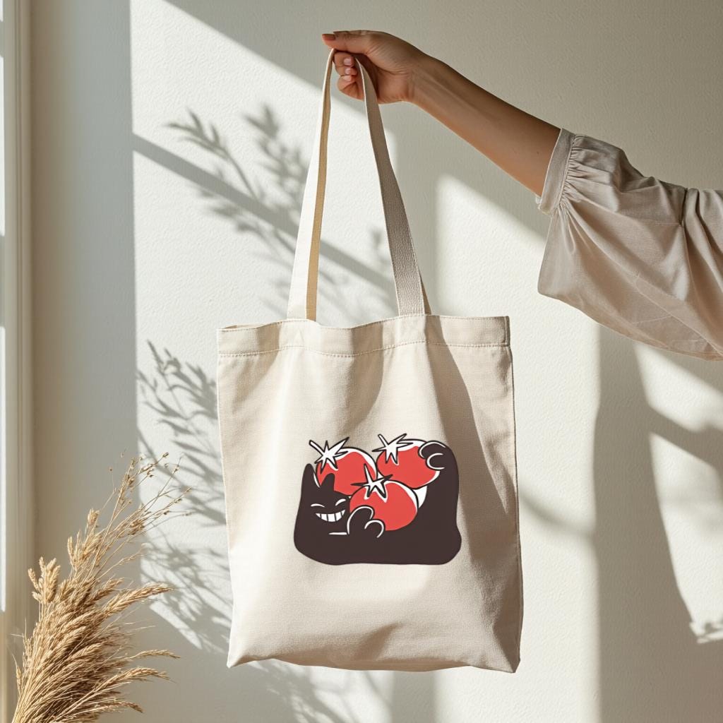 Canvas Tote Bag with Sleeping Cat & Heart Graphic, Cute Minimal Shopper for Cat Lovers, Gift for Cat Lovers