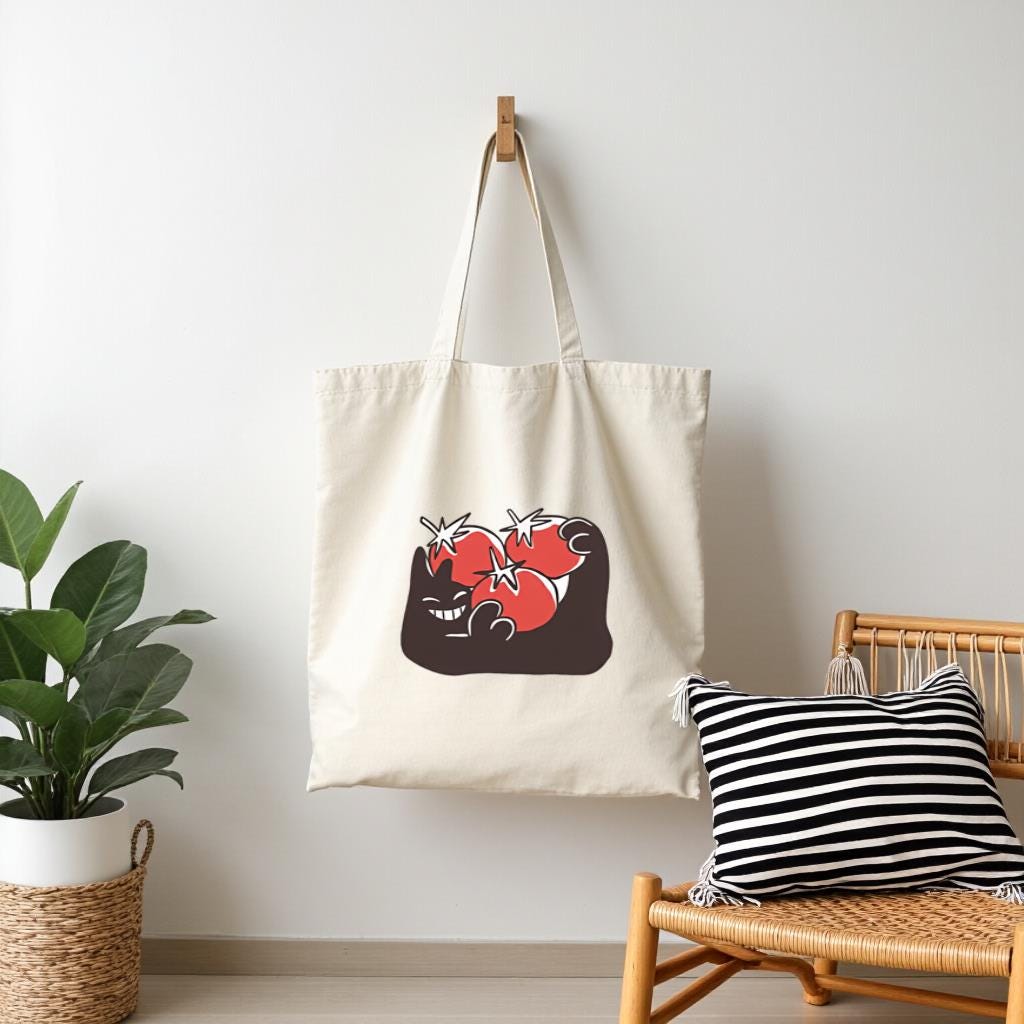 Canvas Tote Bag with Sleeping Cat & Heart Graphic, Cute Minimal Shopper for Cat Lovers, Gift for Cat Lovers
