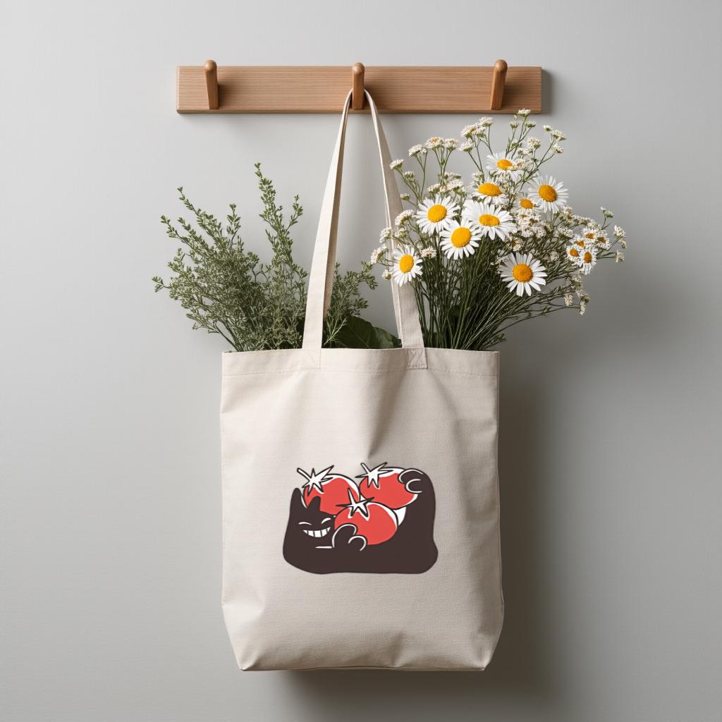 Canvas Tote Bag with Sleeping Cat & Heart Graphic, Cute Minimal Shopper for Cat Lovers, Gift for Cat Lovers