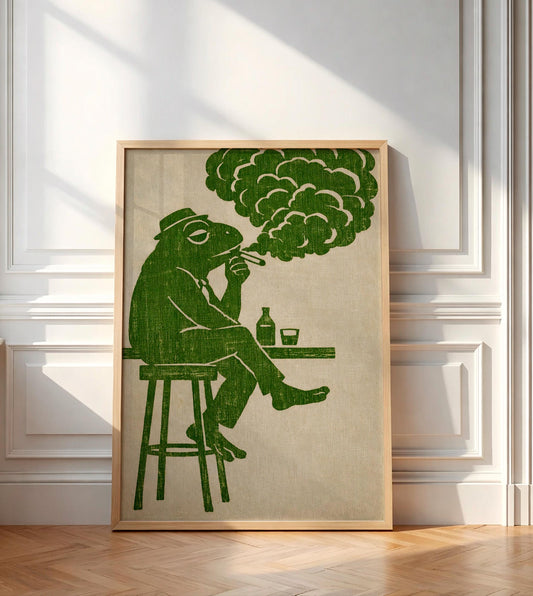 Frog Smoking Cigarette Vintage Poster, Retro Funky Wall Art, Whimsical Animal Illustration, Mid Century Modern Decor, Bar Cart Art Print