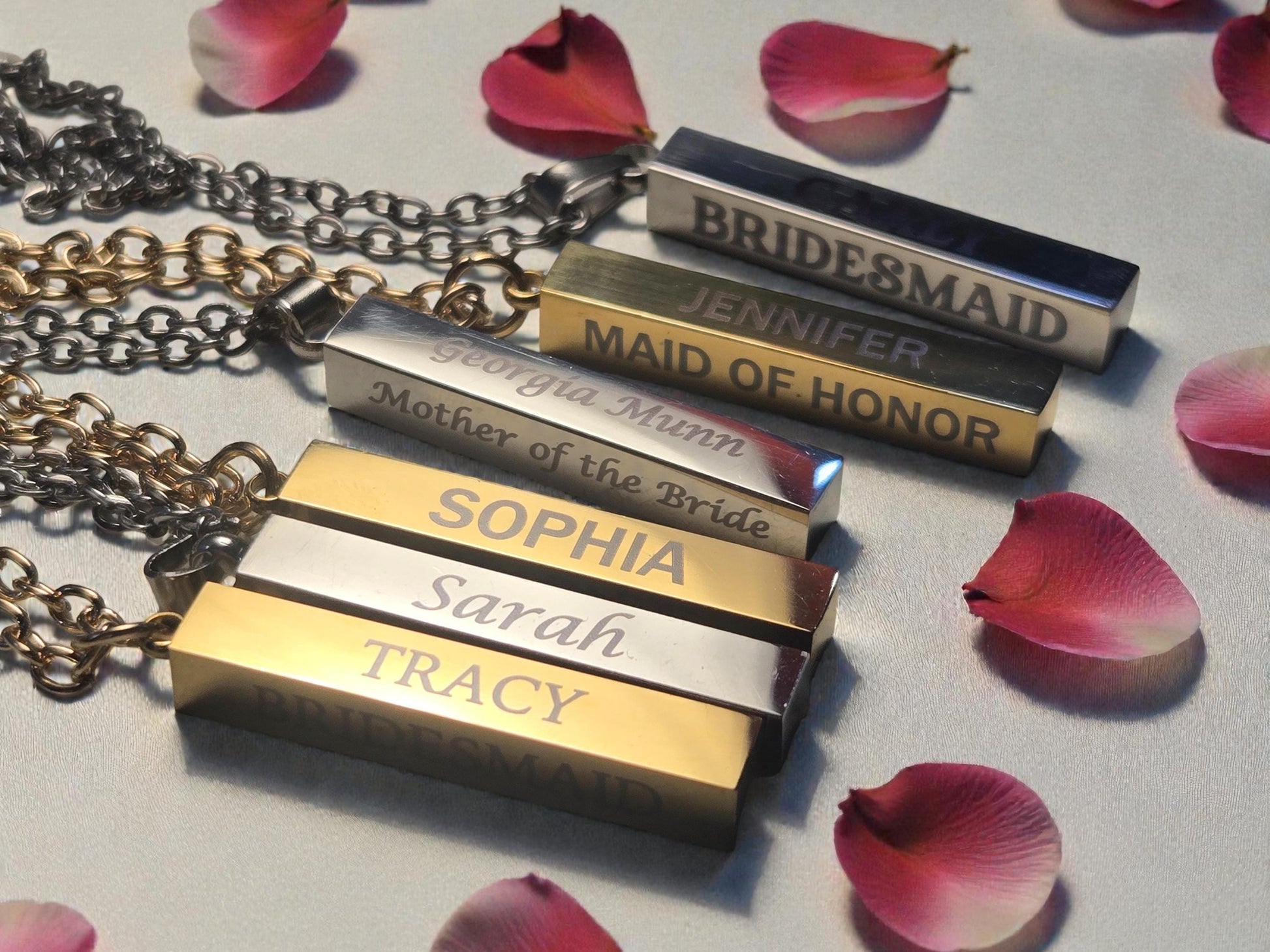 Personalized Bridesmaid Bar Necklace, Custom Silver Or Gold Pendant Necklace Chain For Maid Of Honor & Wedding Party
