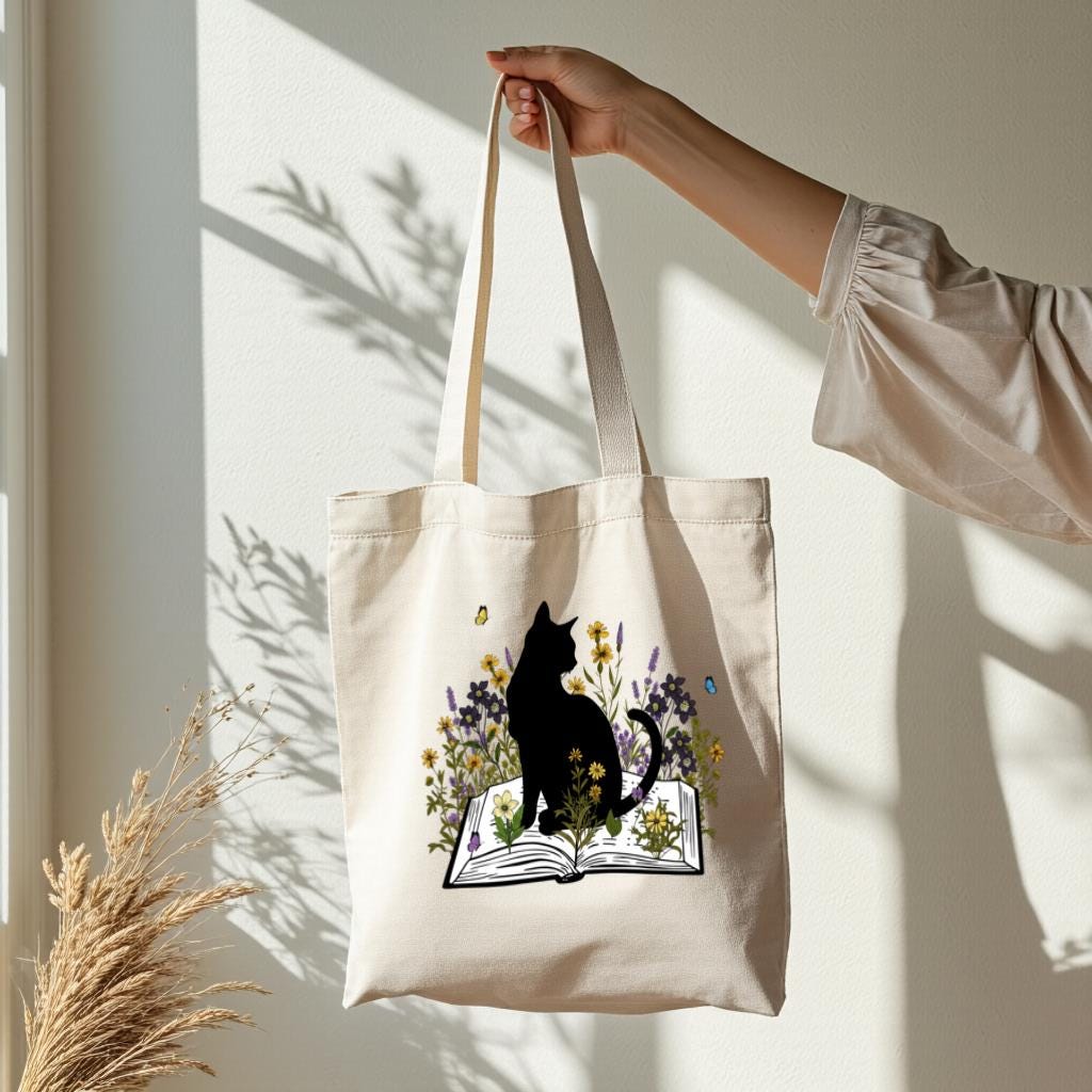Cat Tote Bag, Floral Book Lover Canvas Style Shoulder Bag for Readers and Cat Moms, Gift for Cat Lovers