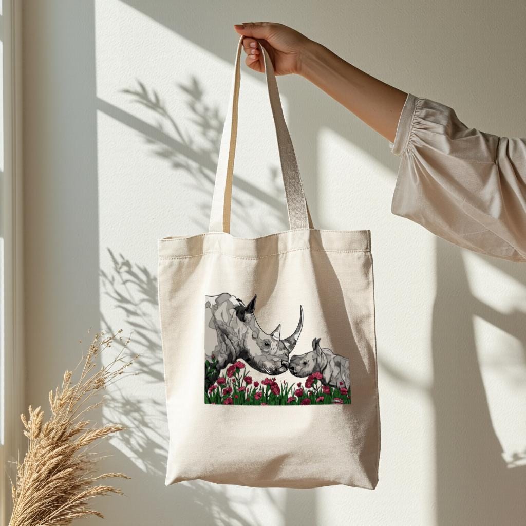Rhino Tote Bag, Wildlife Illustration Canvas Tote, Nature Lover Bag, Reusable Grocery Tote, Gift for Animal Lovers
