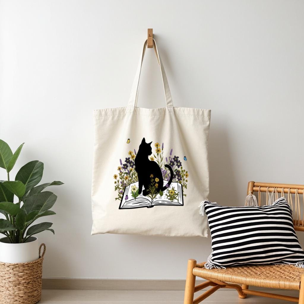 Cat Tote Bag, Floral Book Lover Canvas Style Shoulder Bag for Readers and Cat Moms, Gift for Cat Lovers