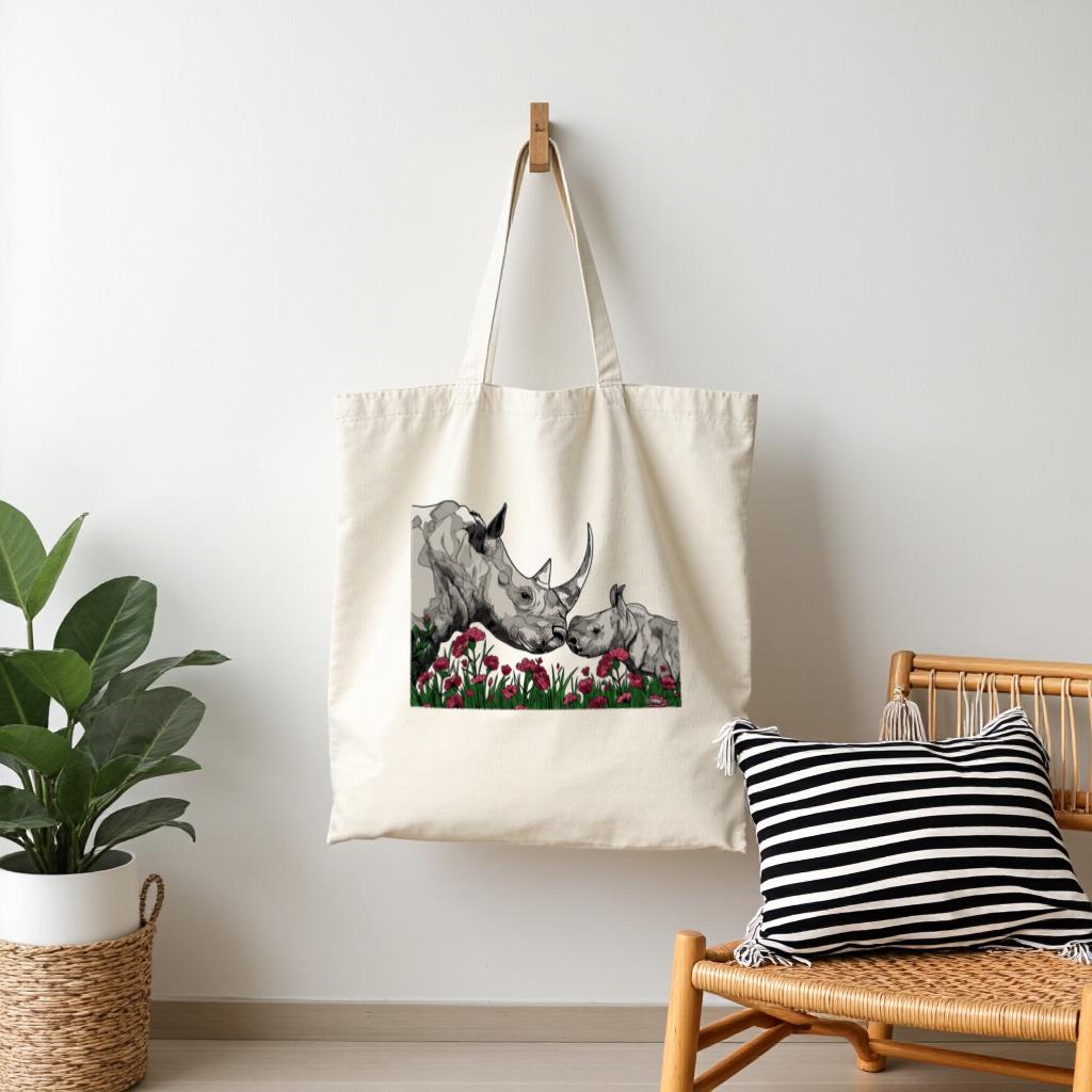 Rhino Tote Bag, Wildlife Illustration Canvas Tote, Nature Lover Bag, Reusable Grocery Tote, Gift for Animal Lovers