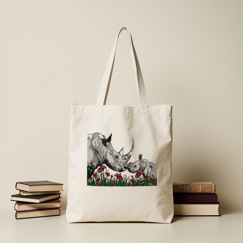 Rhino Tote Bag, Wildlife Illustration Canvas Tote, Nature Lover Bag, Reusable Grocery Tote, Gift for Animal Lovers