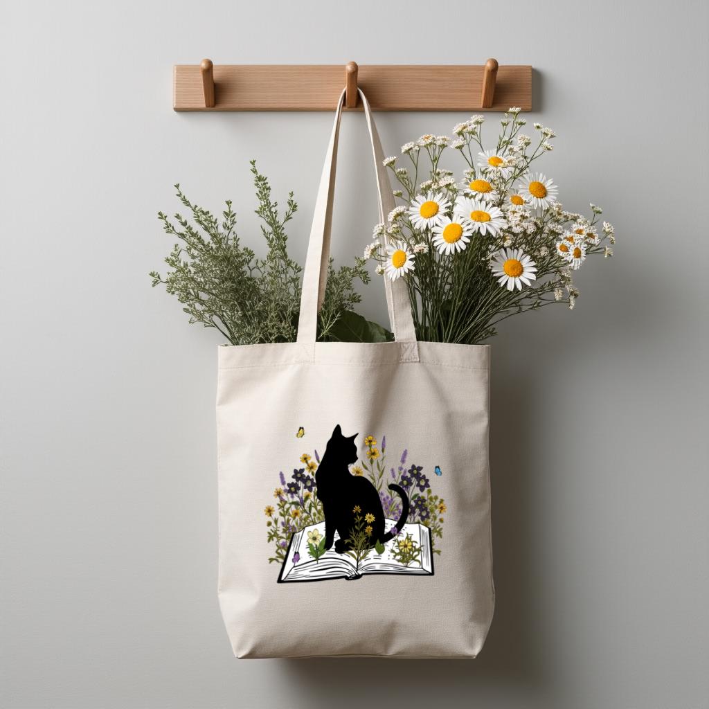 Cat Tote Bag, Floral Book Lover Canvas Style Shoulder Bag for Readers and Cat Moms, Gift for Cat Lovers