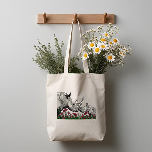 Rhino Tote Bag, Wildlife Illustration Canvas Tote, Nature Lover Bag, Reusable Grocery Tote, Gift for Animal Lovers