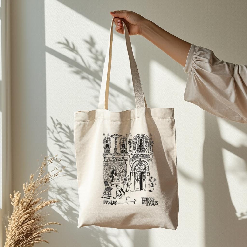 Paris Sketch Tote Bag, Black and White Illustration Canvas Style Shopper, Gift for Travelers, Everyday Use