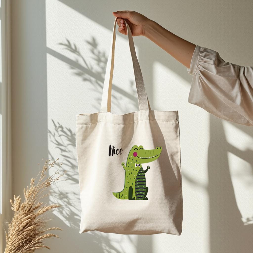 Cute Alligator Tote Bag, Personalized Name Canvas Shoulder Bag for Kids and Teens, Gift for Her