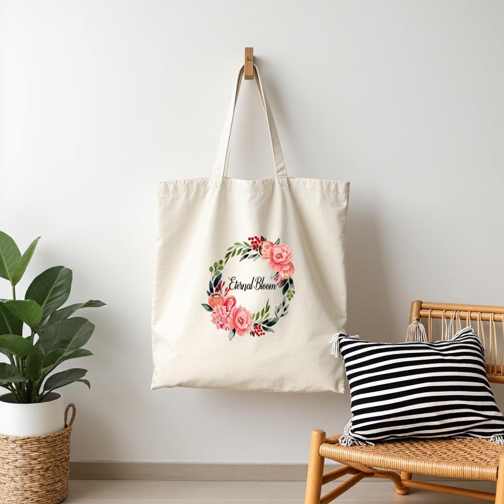 Floral Wreath Canvas Tote Bag, Personalized Name Carryall Purse for Women, Birthday Gift, Everyday Use