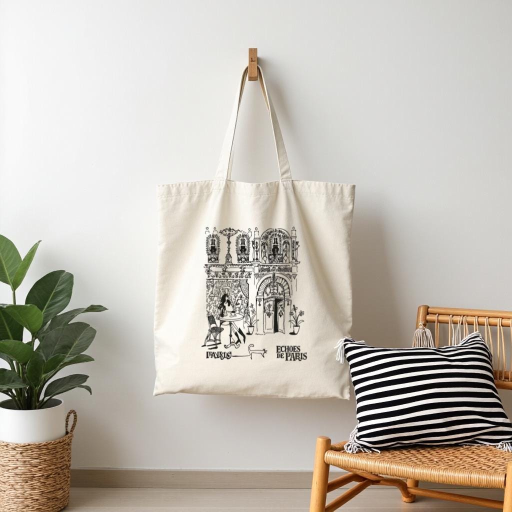Paris Sketch Tote Bag, Black and White Illustration Canvas Style Shopper, Gift for Travelers, Everyday Use